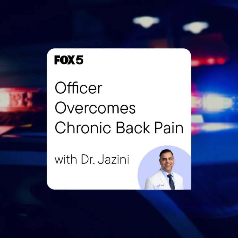 Dr. Jazini on a promotional graphic for a news story about his patient, a police offer's journey healing from back pain.