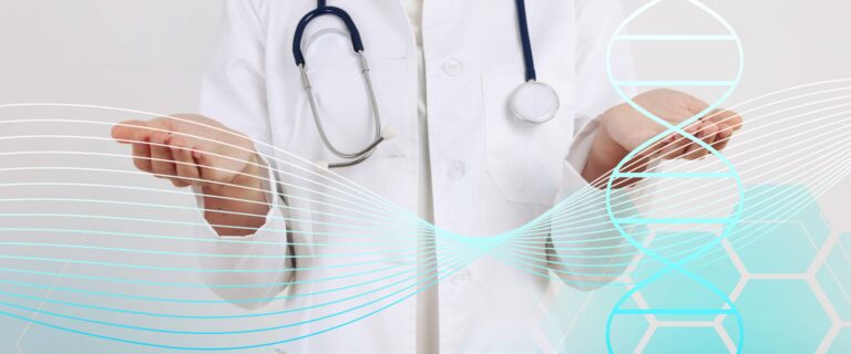 Chest-down image of doctor with DNA graphics overlayed