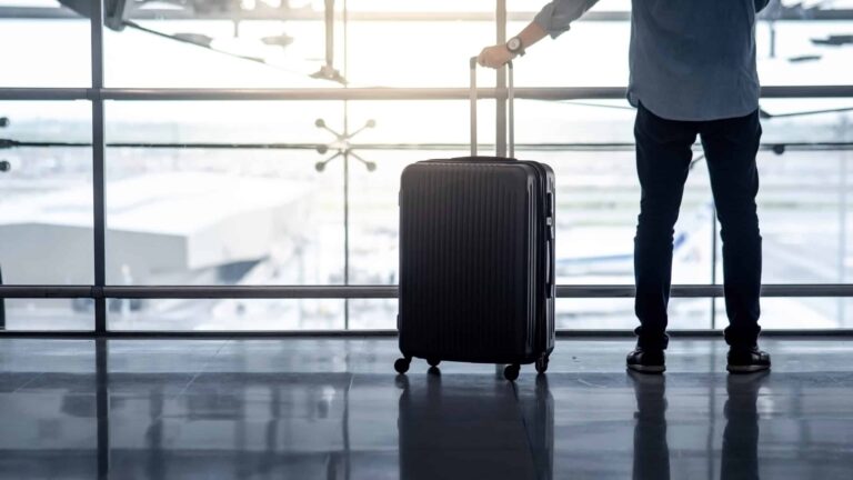 person holding a carry-on luggage at an airport window