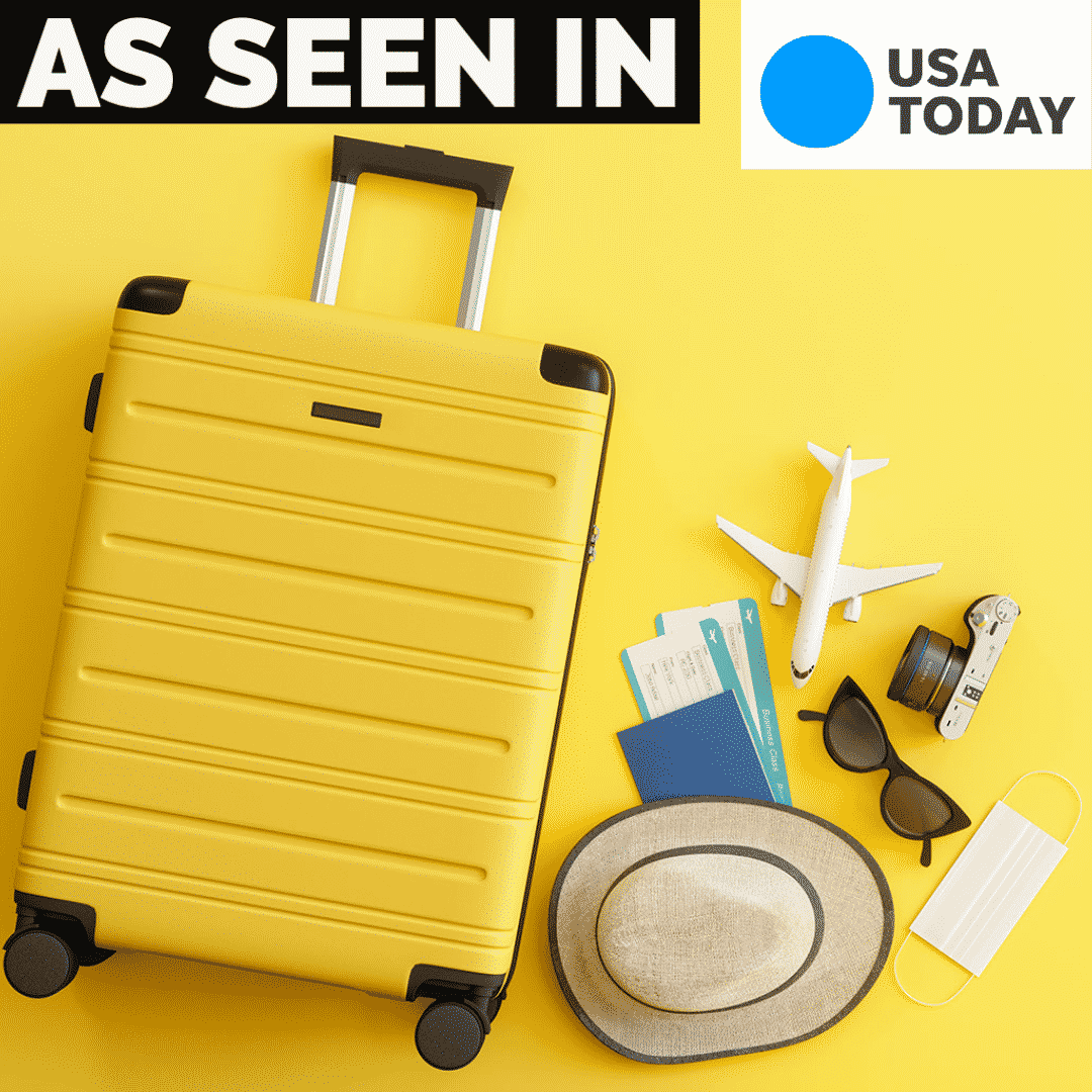 Yellow travel bag and supplies with an "As seen in USA Today" text
